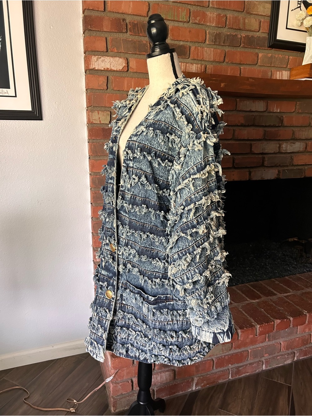VTG Fringed Studded Denim Jacket in Indigo Blue One Size - Picture 6 of 9